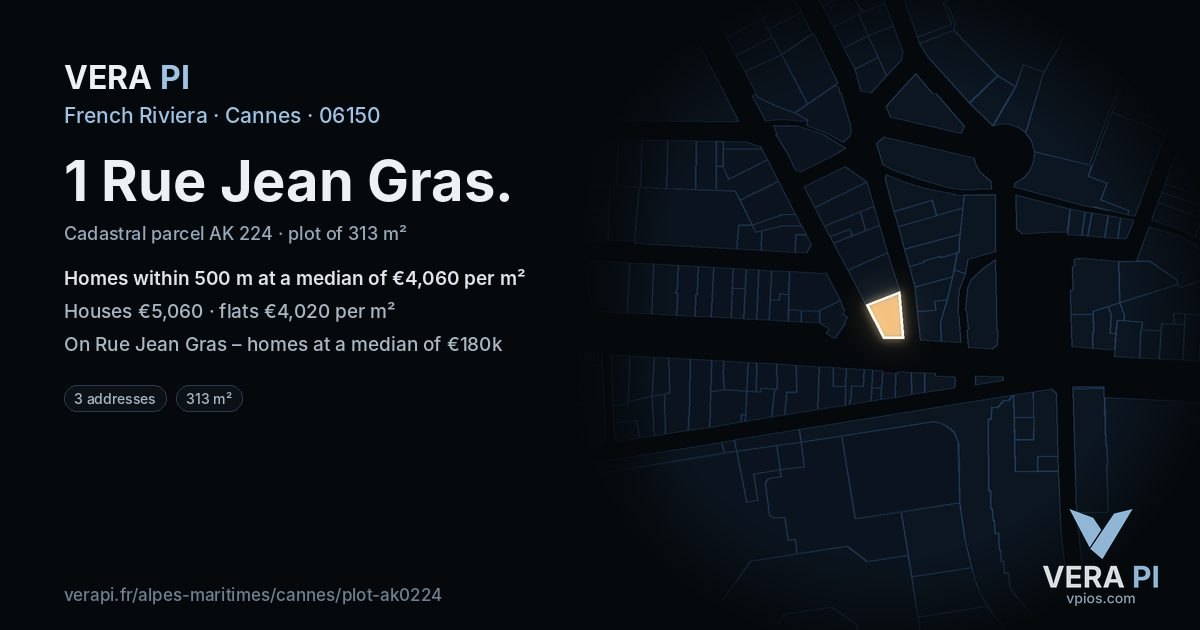 1 Rue Jean Gras, Cannes at night – the plot lit, the parcels around coloured by the prices near them