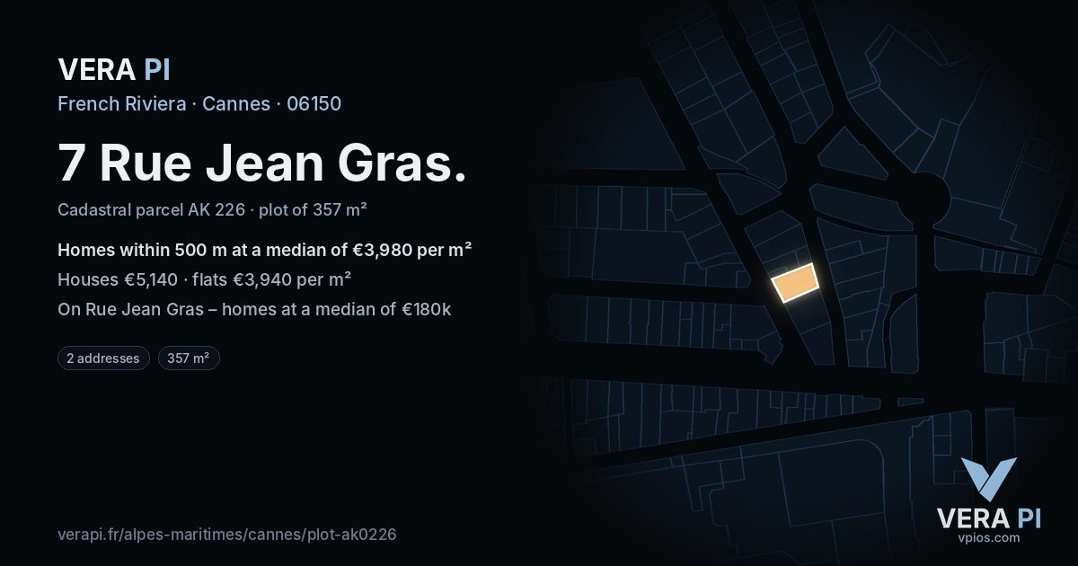 7 Rue Jean Gras, Cannes at night – the plot lit, the parcels around coloured by the prices near them