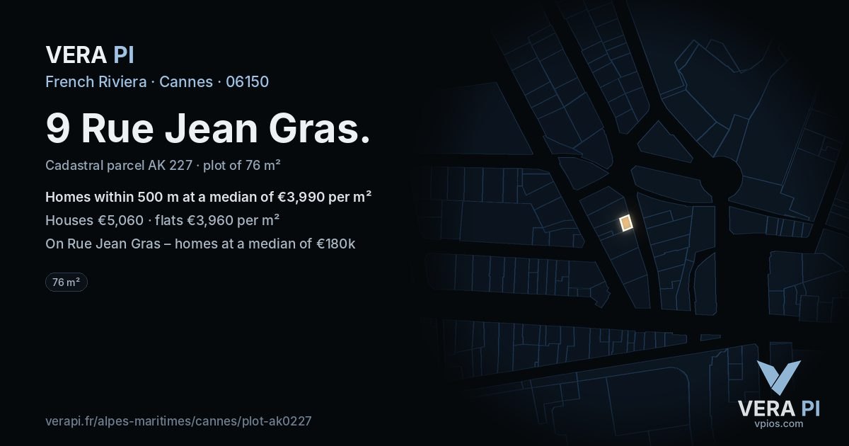 9 Rue Jean Gras, Cannes at night – the plot lit, the parcels around coloured by the prices near them