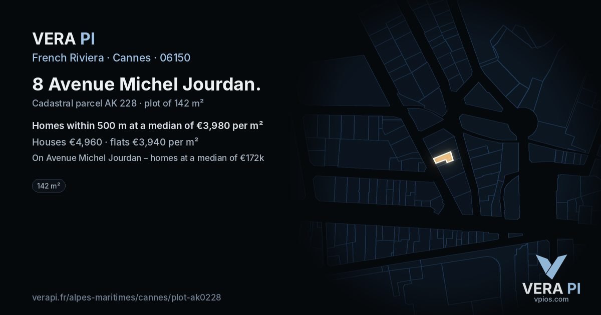 8 Avenue Michel Jourdan, Cannes at night – the plot lit, the parcels around coloured by the prices near them