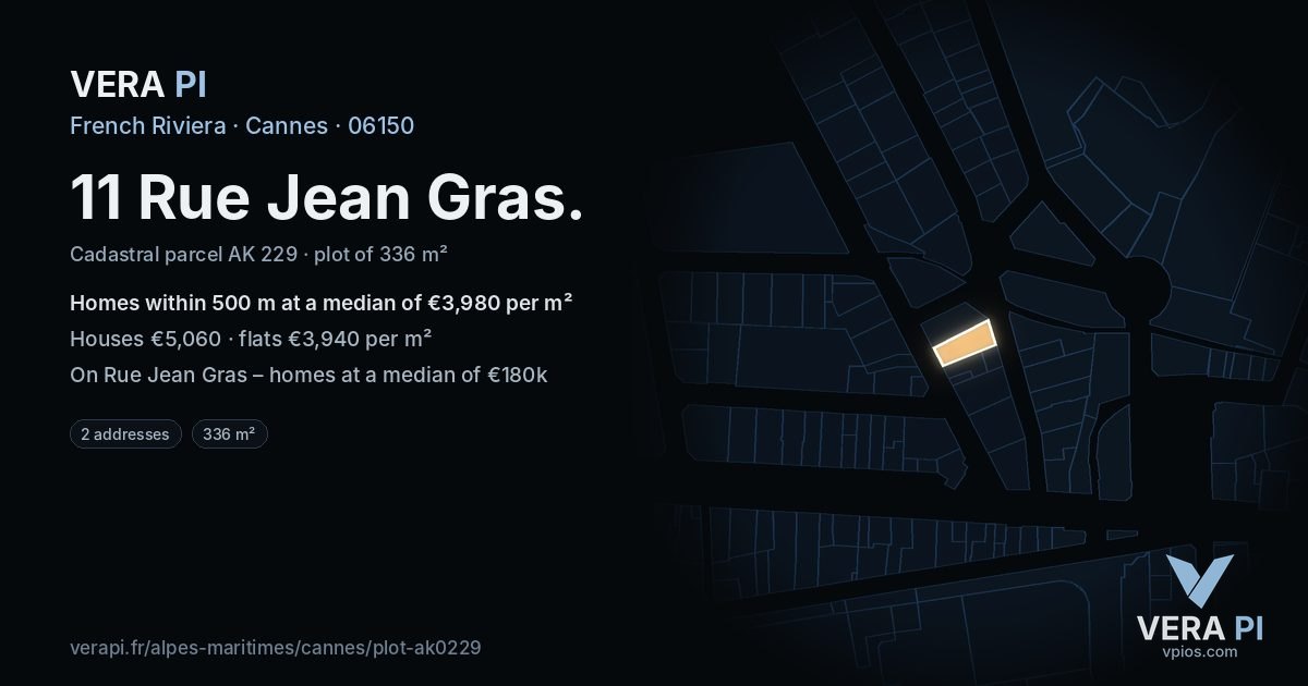 11 Rue Jean Gras, Cannes at night – the plot lit, the parcels around coloured by the prices near them