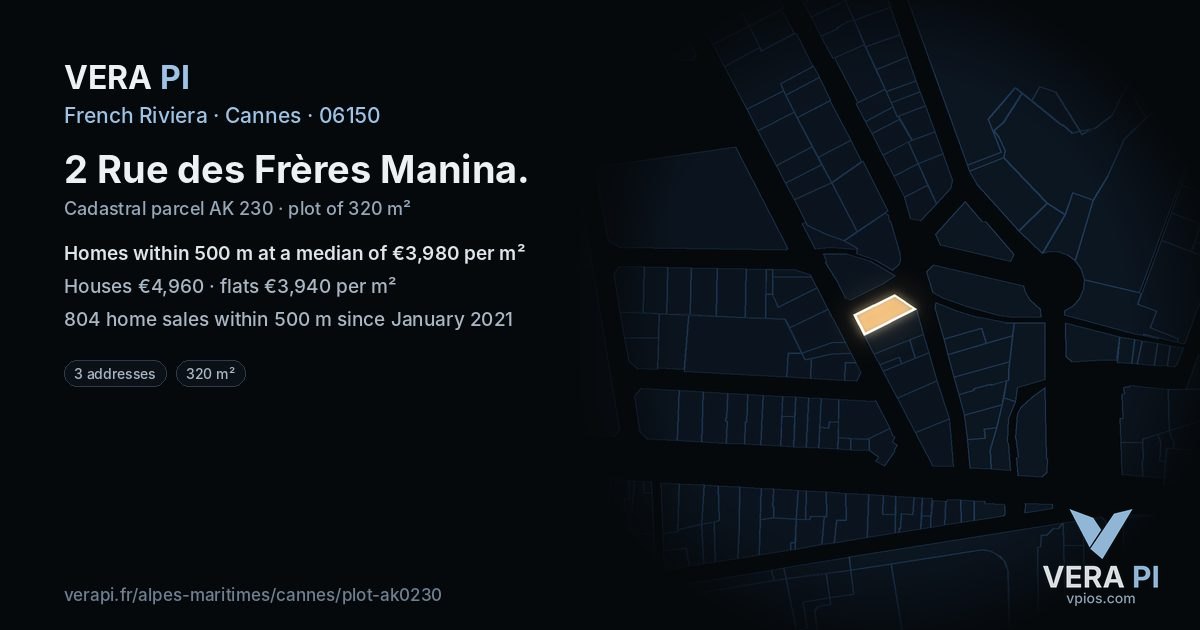 2 Rue des Frères Manina, Cannes at night – the plot lit, the parcels around coloured by the prices near them