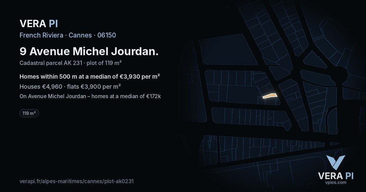 9 Avenue Michel Jourdan, Cannes at night – the plot lit, the parcels around coloured by the prices near them