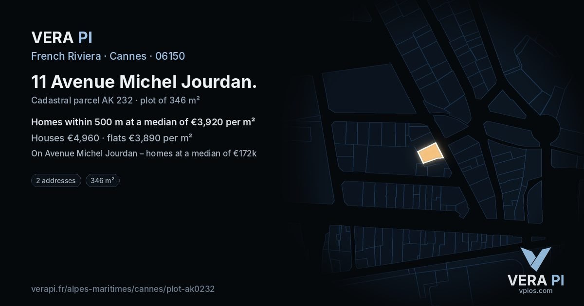 11 Avenue Michel Jourdan, Cannes at night – the plot lit, the parcels around coloured by the prices near them