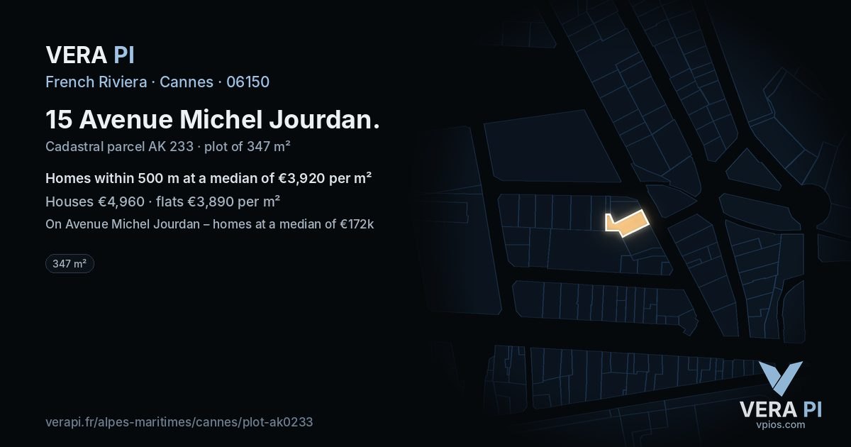 15 Avenue Michel Jourdan, Cannes at night – the plot lit, the parcels around coloured by the prices near them