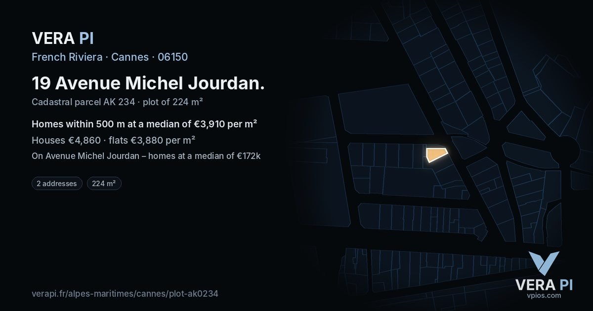 19 Avenue Michel Jourdan, Cannes at night – the plot lit, the parcels around coloured by the prices near them