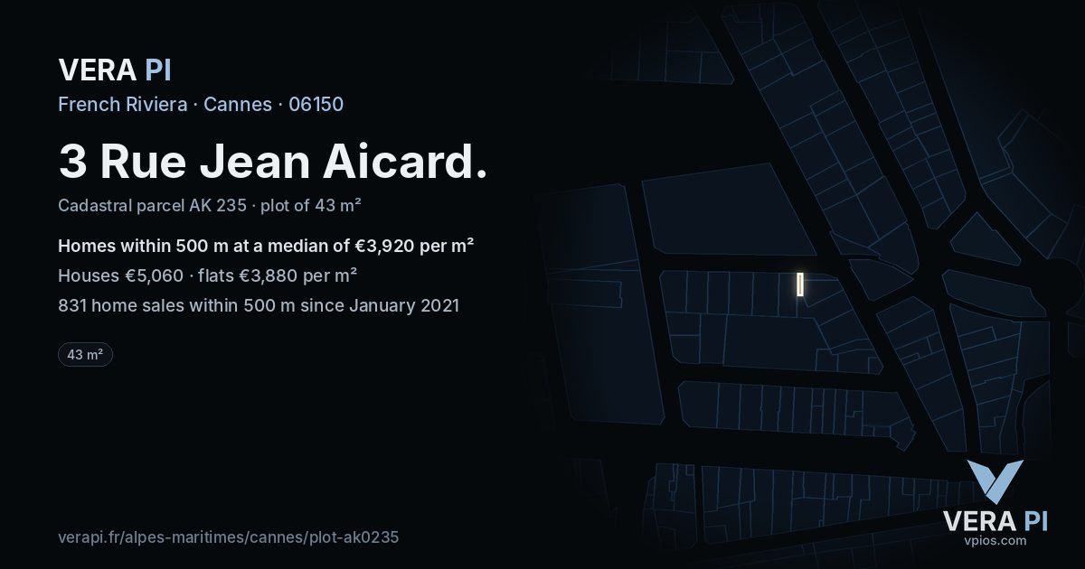 3 Rue Jean Aicard, Cannes at night – the plot lit, the parcels around coloured by the prices near them