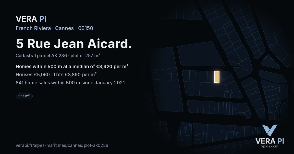 5 Rue Jean Aicard, Cannes at night – the plot lit, the parcels around coloured by the prices near them