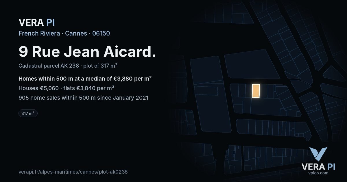 9 Rue Jean Aicard, Cannes at night – the plot lit, the parcels around coloured by the prices near them