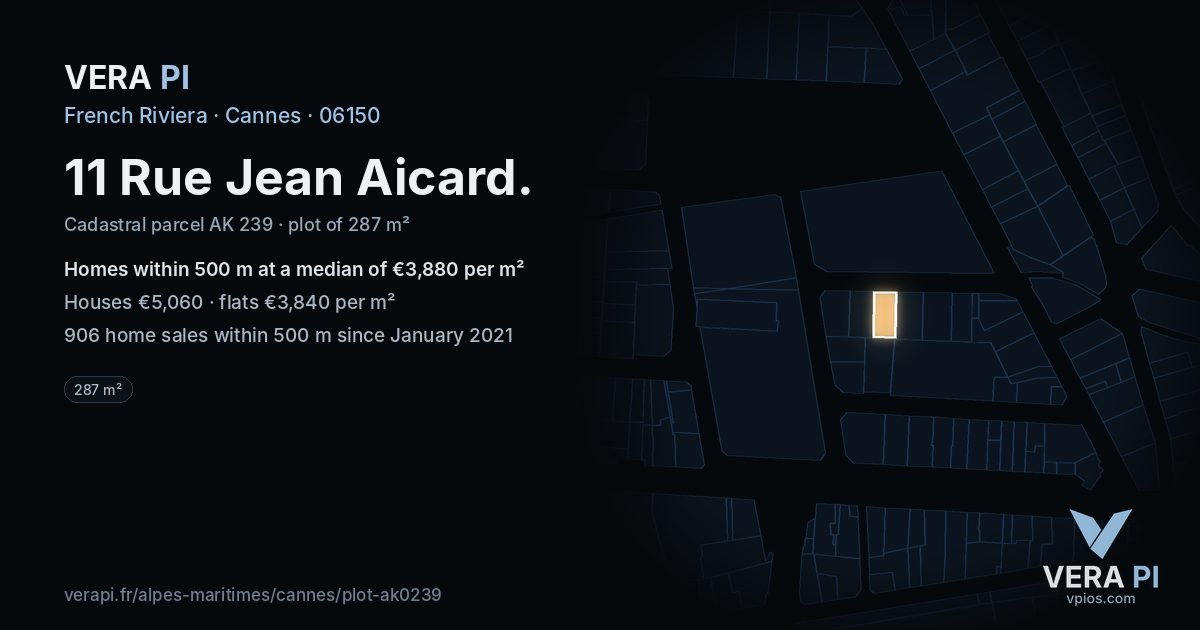 11 Rue Jean Aicard, Cannes at night – the plot lit, the parcels around coloured by the prices near them