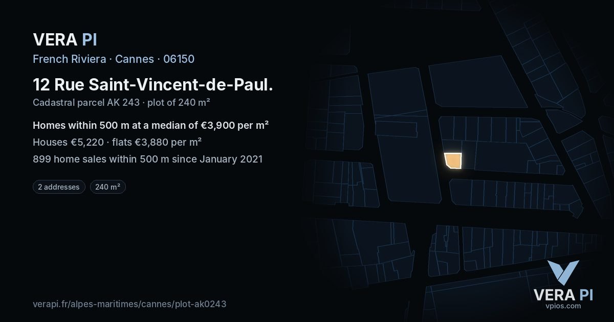 12 Rue Saint-Vincent-de-Paul, Cannes at night – the plot lit, the parcels around coloured by the prices near them
