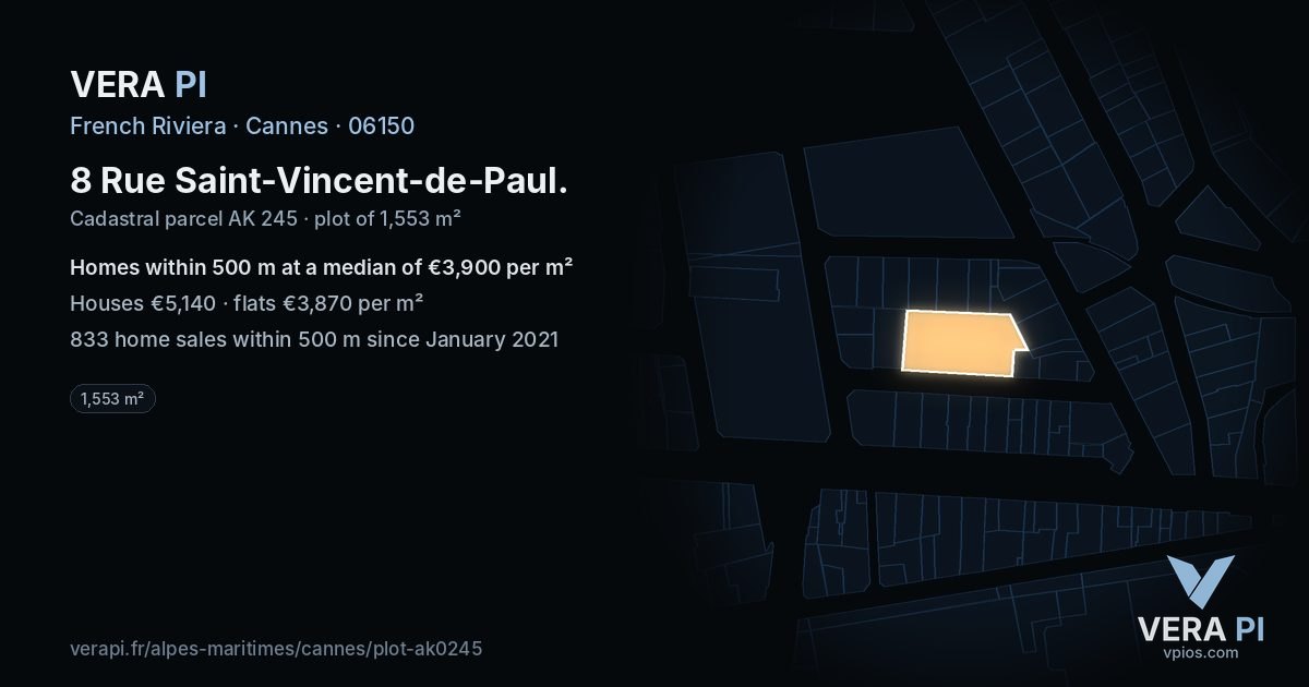8 Rue Saint-Vincent-de-Paul, Cannes at night – the plot lit, the parcels around coloured by the prices near them
