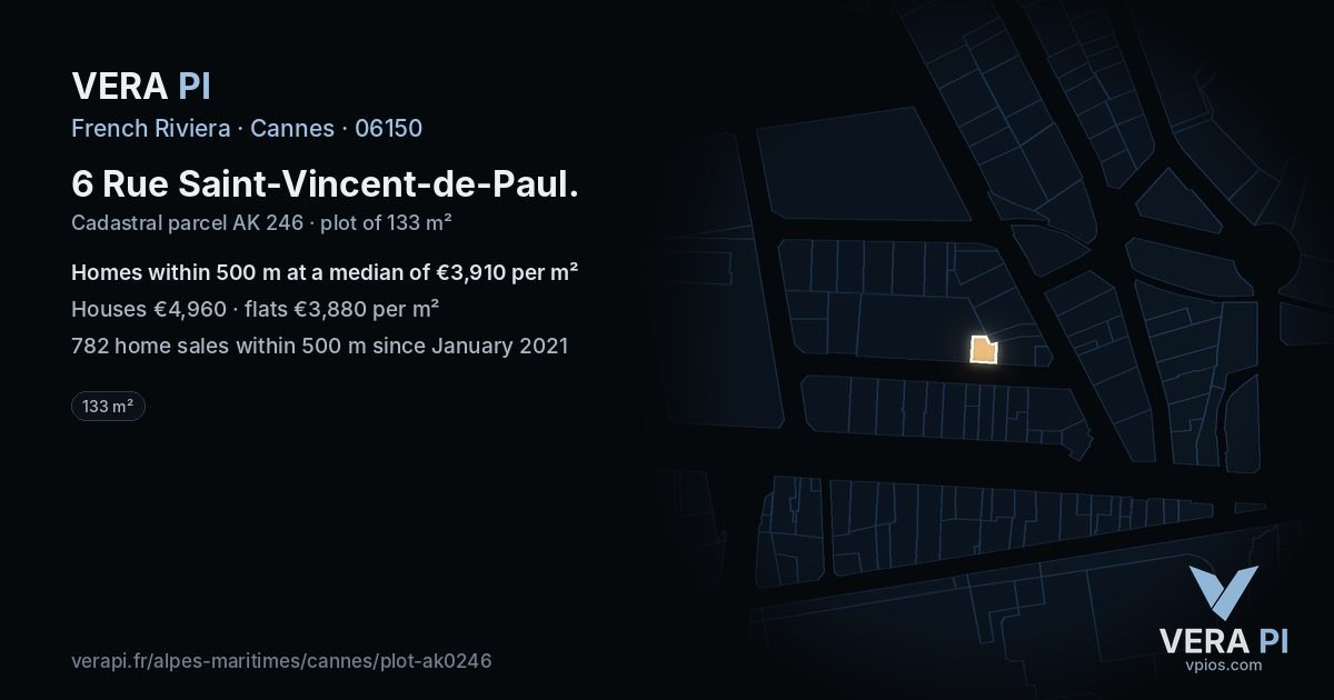 6 Rue Saint-Vincent-de-Paul, Cannes at night – the plot lit, the parcels around coloured by the prices near them