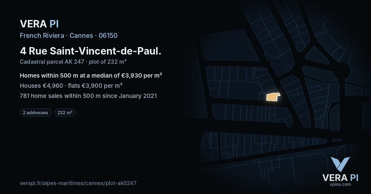 4 Rue Saint-Vincent-de-Paul, Cannes at night – the plot lit, the parcels around coloured by the prices near them