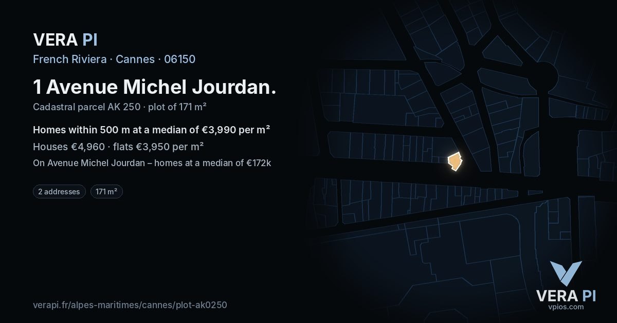 1 Avenue Michel Jourdan, Cannes at night – the plot lit, the parcels around coloured by the prices near them