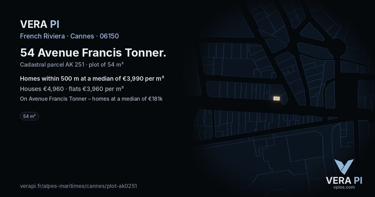 54 Avenue Francis Tonner, Cannes at night – the plot lit, the parcels around coloured by the prices near them