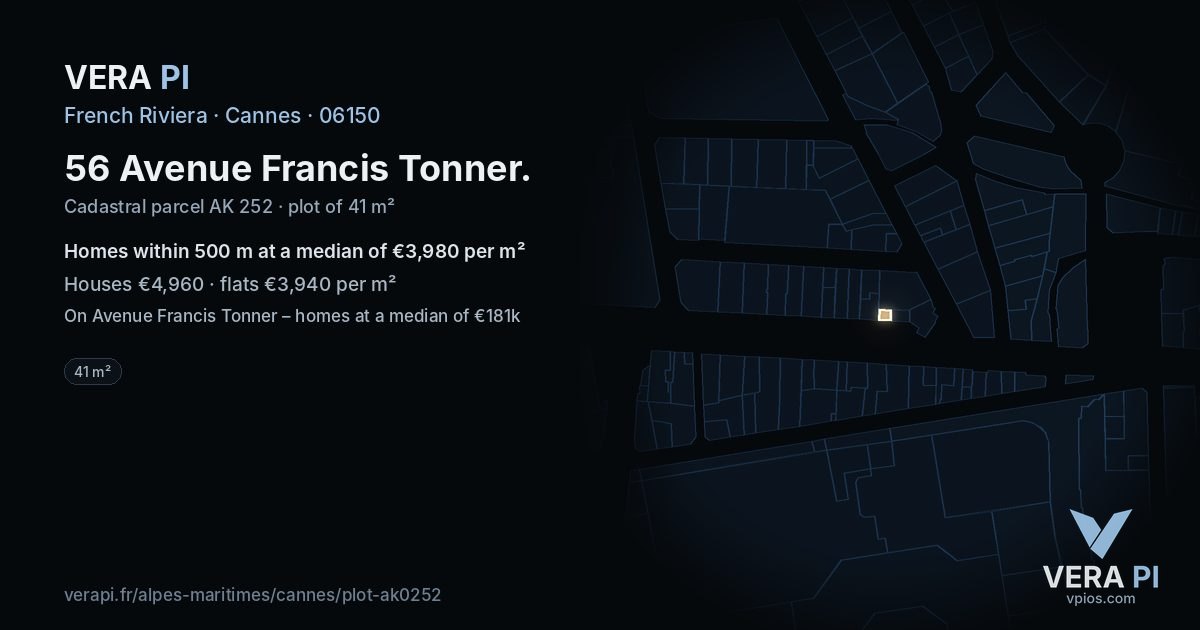 56 Avenue Francis Tonner, Cannes at night – the plot lit, the parcels around coloured by the prices near them