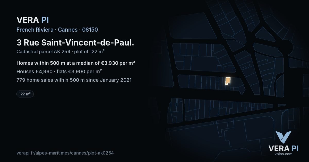 3 Rue Saint-Vincent-de-Paul, Cannes at night – the plot lit, the parcels around coloured by the prices near them