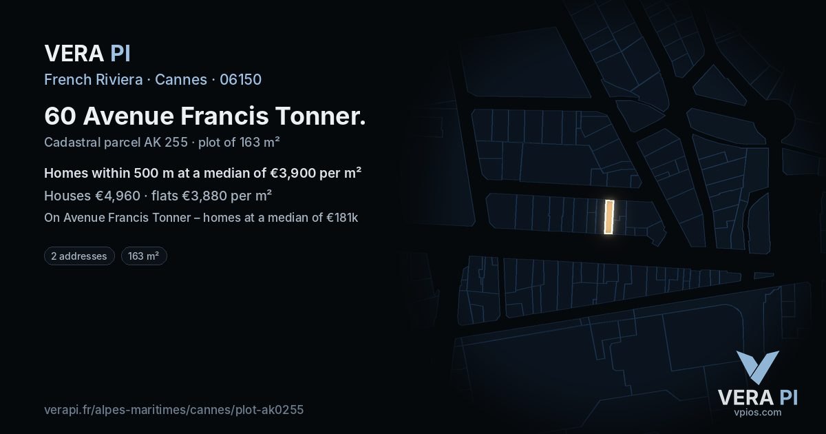 60 Avenue Francis Tonner, Cannes at night – the plot lit, the parcels around coloured by the prices near them