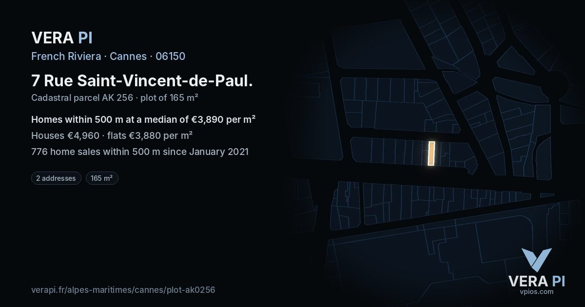 7 Rue Saint-Vincent-de-Paul, Cannes at night – the plot lit, the parcels around coloured by the prices near them