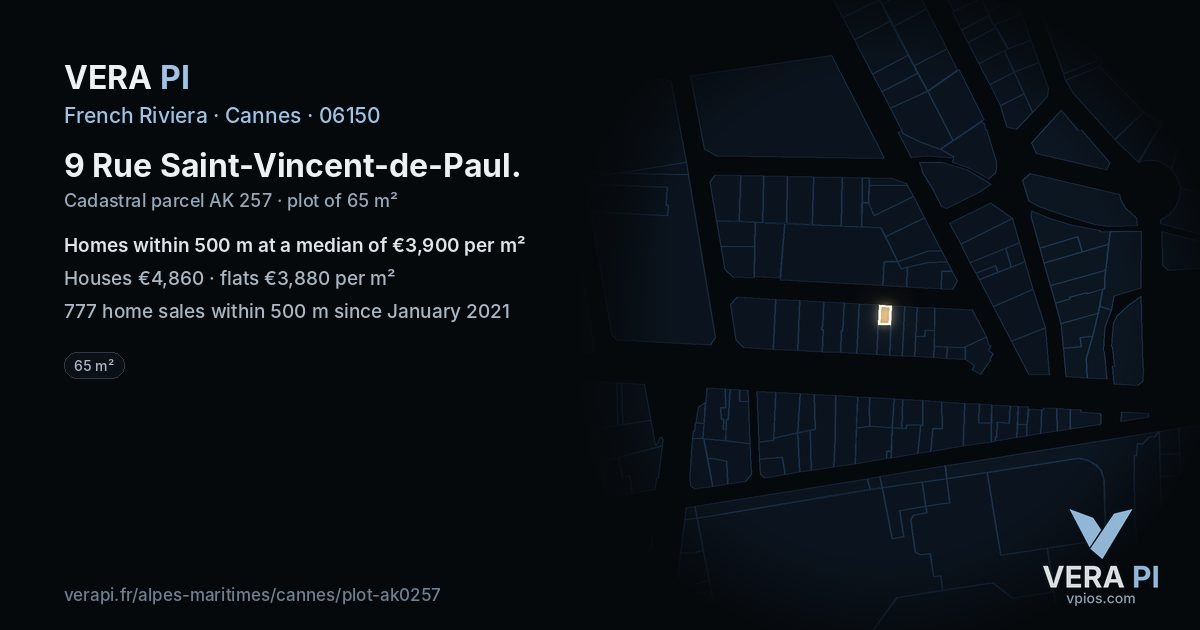 9 Rue Saint-Vincent-de-Paul, Cannes at night – the plot lit, the parcels around coloured by the prices near them