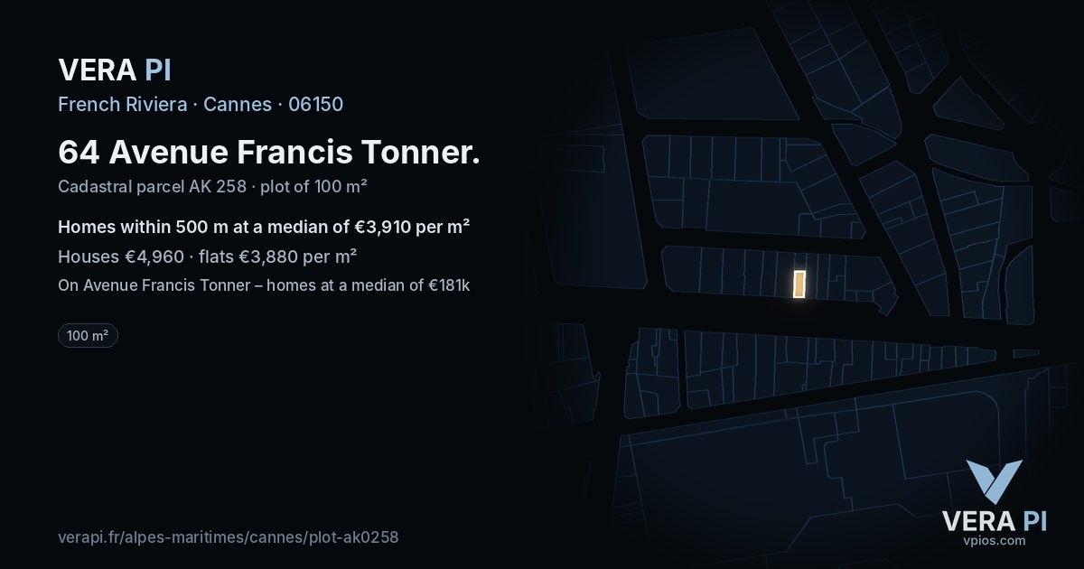 64 Avenue Francis Tonner, Cannes at night – the plot lit, the parcels around coloured by the prices near them