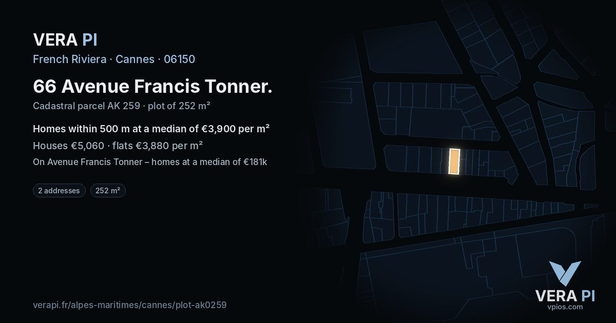 66 Avenue Francis Tonner, Cannes at night – the plot lit, the parcels around coloured by the prices near them