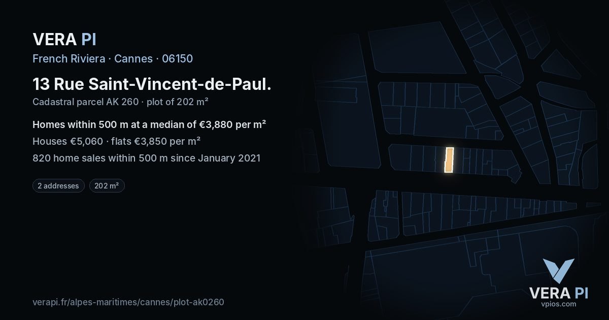 13 Rue Saint-Vincent-de-Paul, Cannes at night – the plot lit, the parcels around coloured by the prices near them