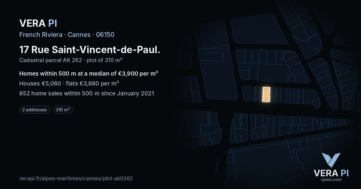 17 Rue Saint-Vincent-de-Paul, Cannes at night – the plot lit, the parcels around coloured by the prices near them