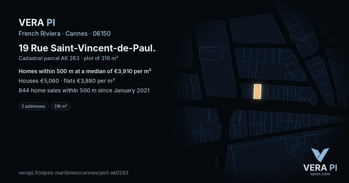 19 Rue Saint-Vincent-de-Paul, Cannes at night – the plot lit, the parcels around coloured by the prices near them