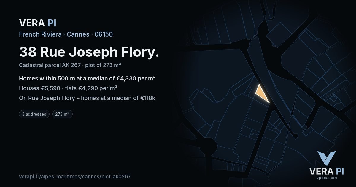 38 Rue Joseph Flory, Cannes at night – the plot lit, the parcels around coloured by the prices near them
