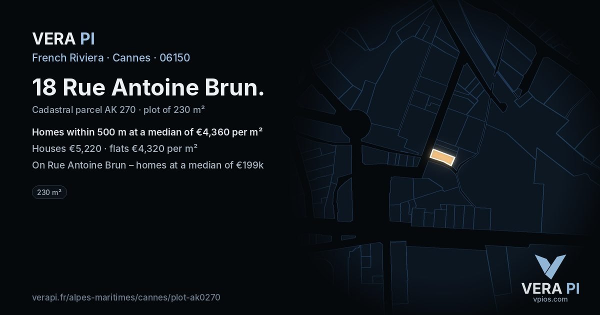 18 Rue Antoine Brun, Cannes at night – the plot lit, the parcels around coloured by the prices near them
