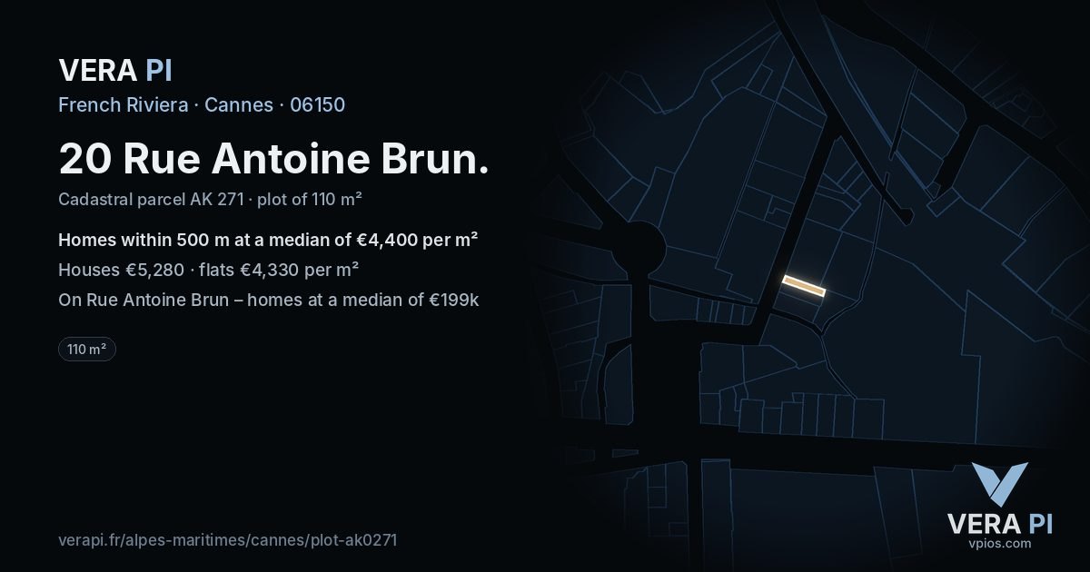 20 Rue Antoine Brun, Cannes at night – the plot lit, the parcels around coloured by the prices near them