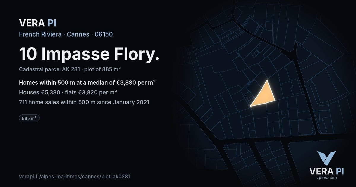 10 Impasse Flory, Cannes at night – the plot lit, the parcels around coloured by the prices near them