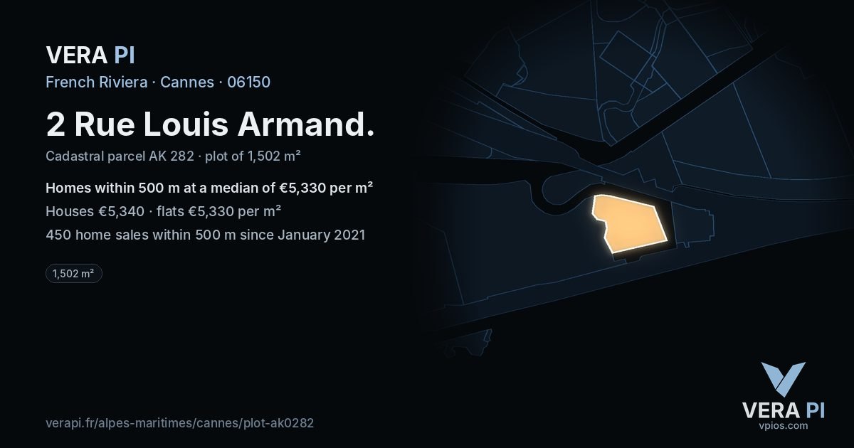 2 Rue Louis Armand, Cannes at night – the plot lit, the parcels around coloured by the prices near them