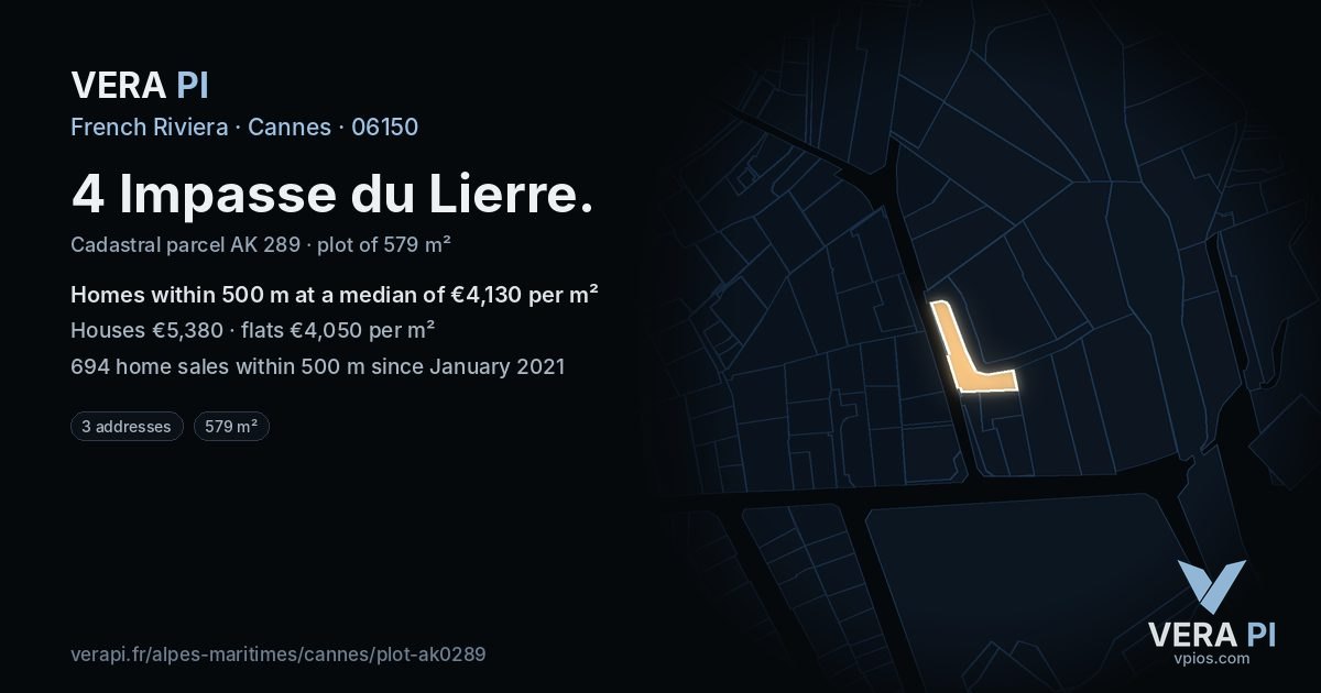 4 Impasse du Lierre, Cannes at night – the plot lit, the parcels around coloured by the prices near them