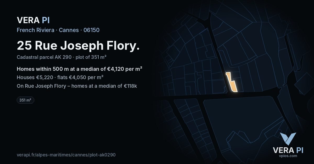 25 Rue Joseph Flory, Cannes at night – the plot lit, the parcels around coloured by the prices near them