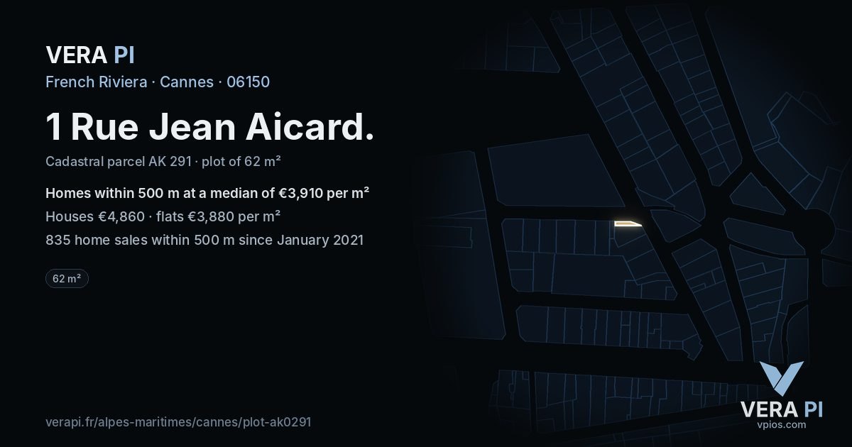 1 Rue Jean Aicard, Cannes at night – the plot lit, the parcels around coloured by the prices near them