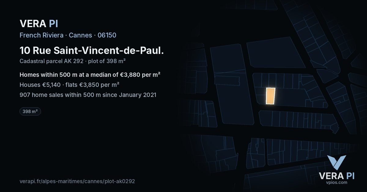 10 Rue Saint-Vincent-de-Paul, Cannes at night – the plot lit, the parcels around coloured by the prices near them