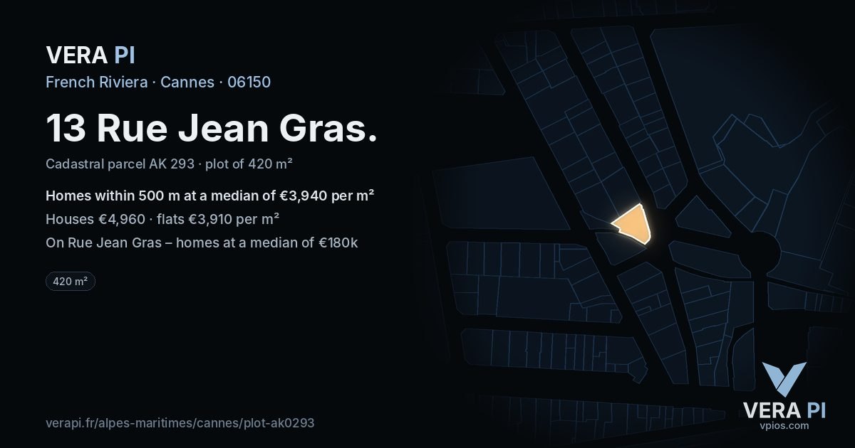 13 Rue Jean Gras, Cannes at night – the plot lit, the parcels around coloured by the prices near them