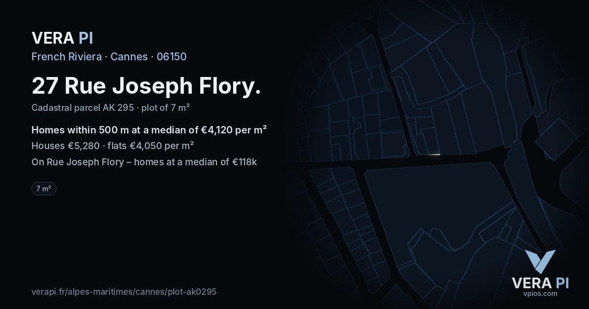 27 Rue Joseph Flory, Cannes at night – the plot lit, the parcels around coloured by the prices near them