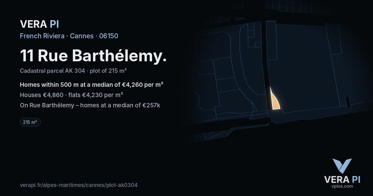 11 Rue Barthélemy, Cannes at night – the plot lit, the parcels around coloured by the prices near them