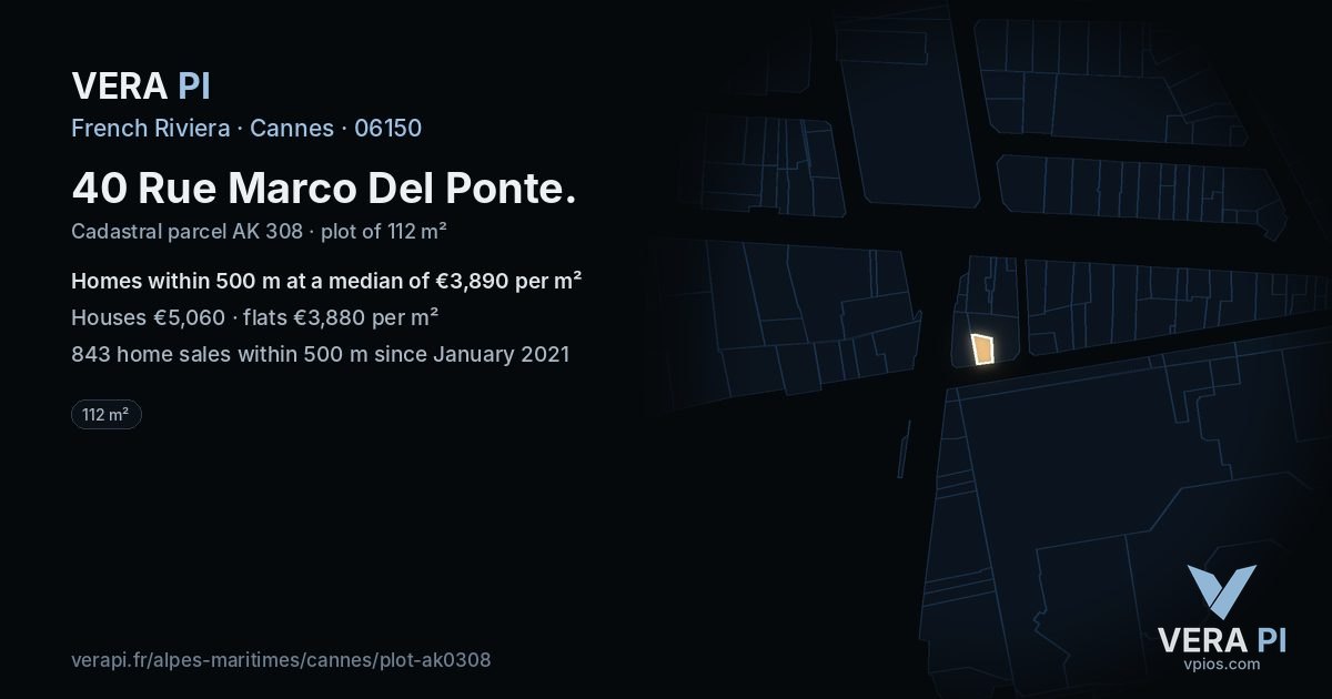 40 Rue Marco Del Ponte, Cannes at night – the plot lit, the parcels around coloured by the prices near them