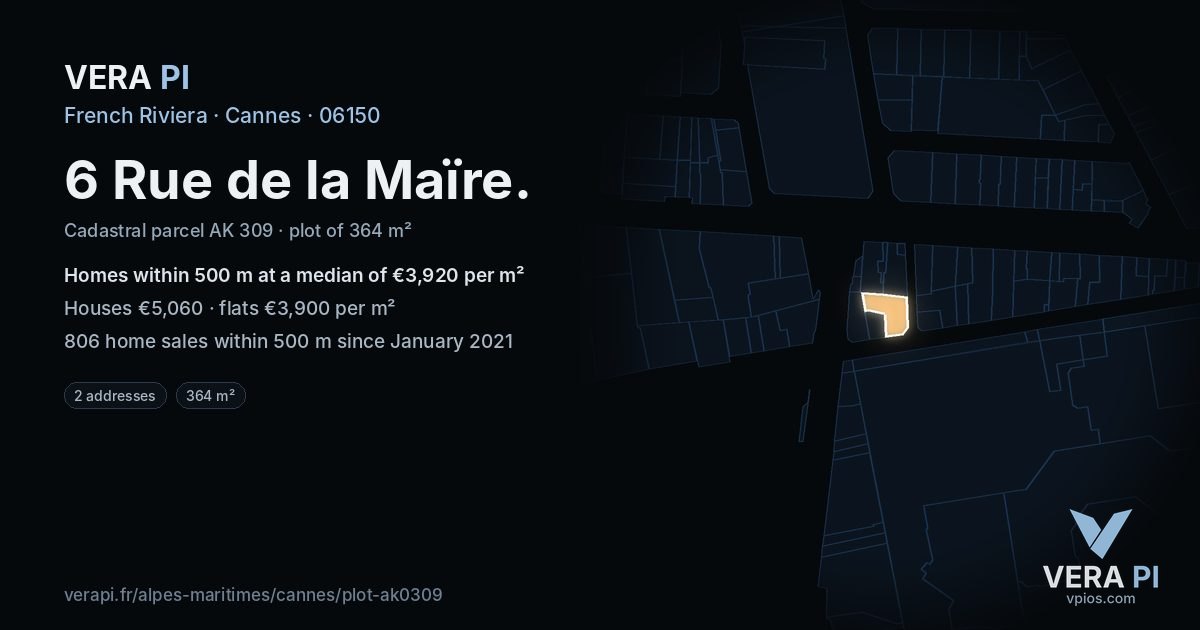 6 Rue de la Maïre, Cannes at night – the plot lit, the parcels around coloured by the prices near them