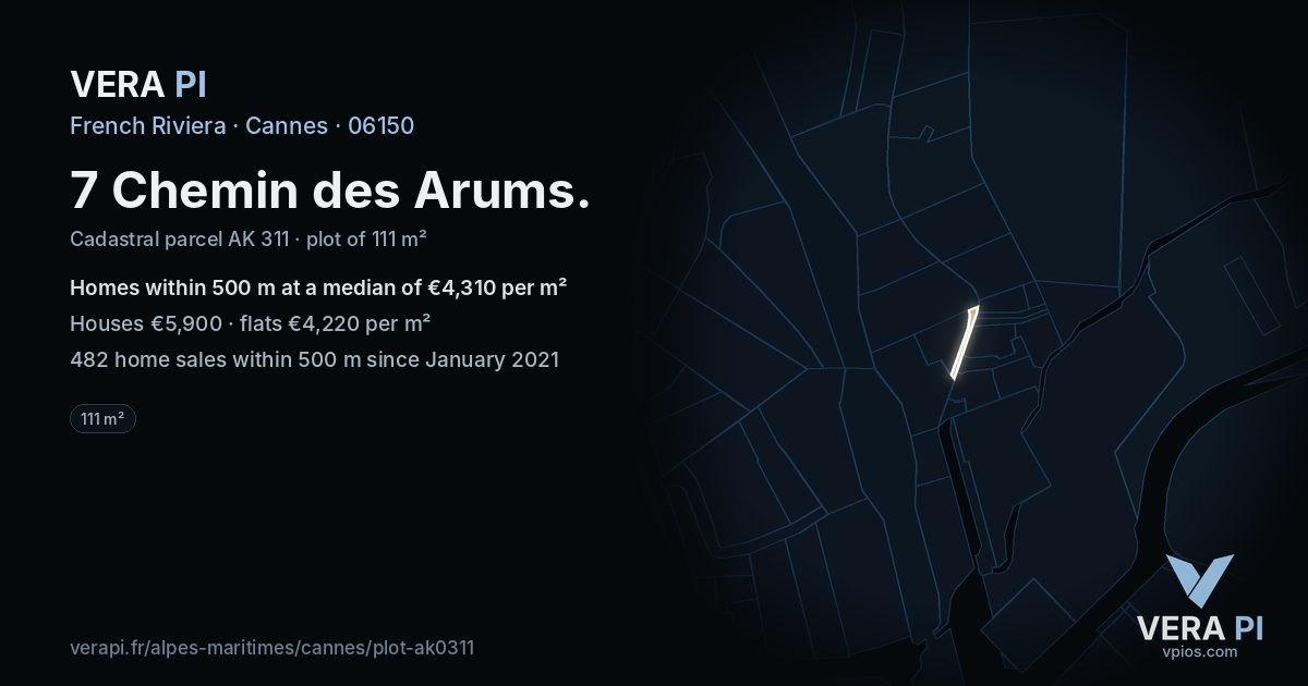 7 Chemin des Arums, Cannes at night – the plot lit, the parcels around coloured by the prices near them