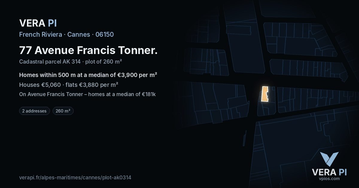 77 Avenue Francis Tonner, Cannes at night – the plot lit, the parcels around coloured by the prices near them