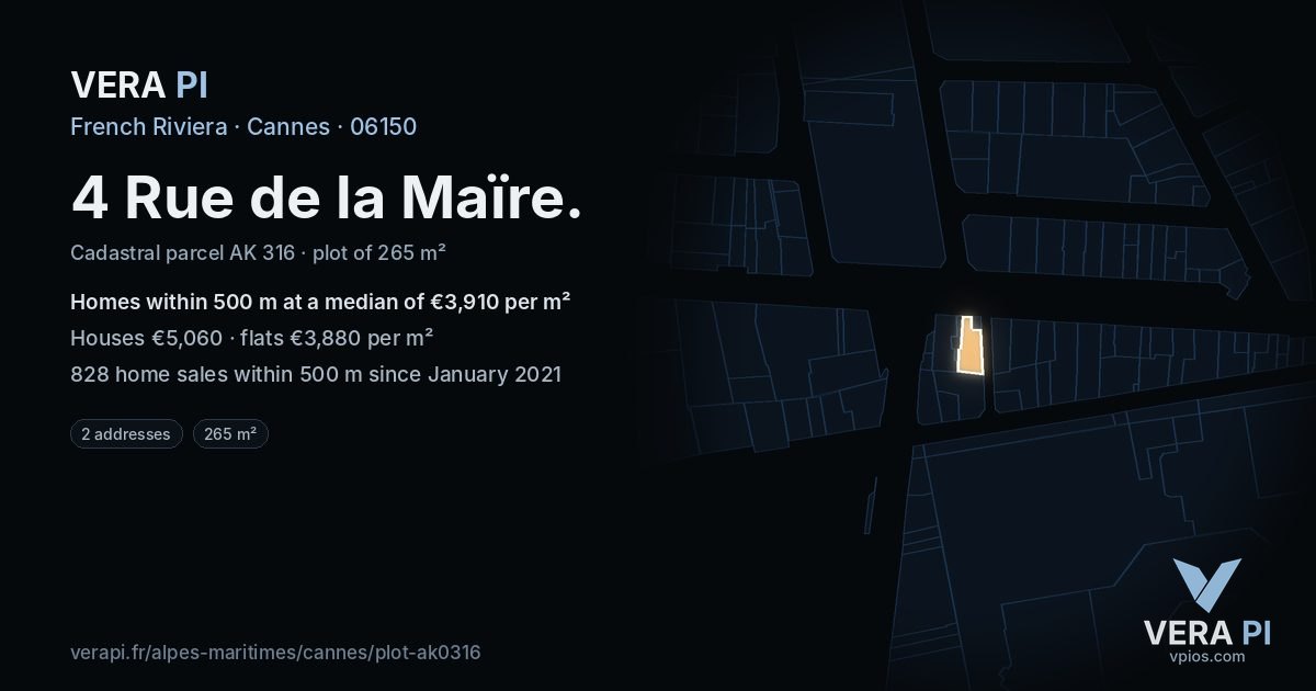 4 Rue de la Maïre, Cannes at night – the plot lit, the parcels around coloured by the prices near them