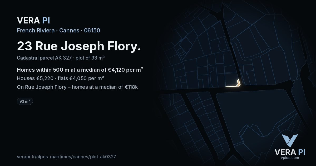 23 Rue Joseph Flory, Cannes at night – the plot lit, the parcels around coloured by the prices near them