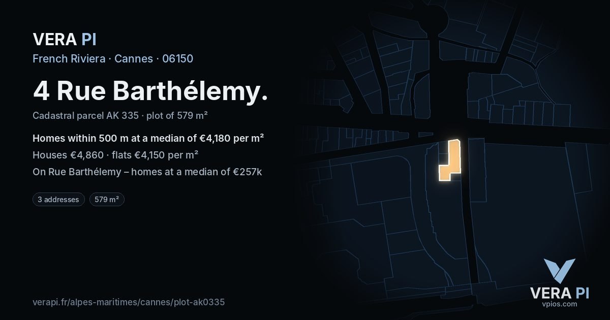 4 Rue Barthélemy, Cannes at night – the plot lit, the parcels around coloured by the prices near them