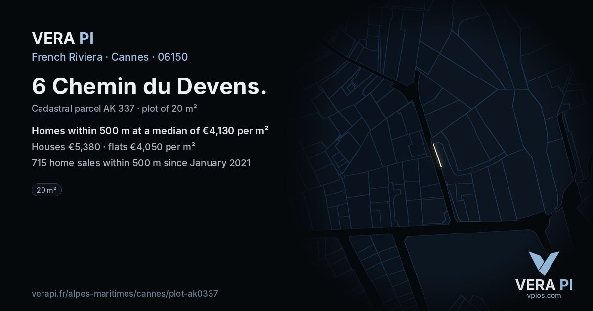 6 Chemin du Devens, Cannes at night – the plot lit, the parcels around coloured by the prices near them